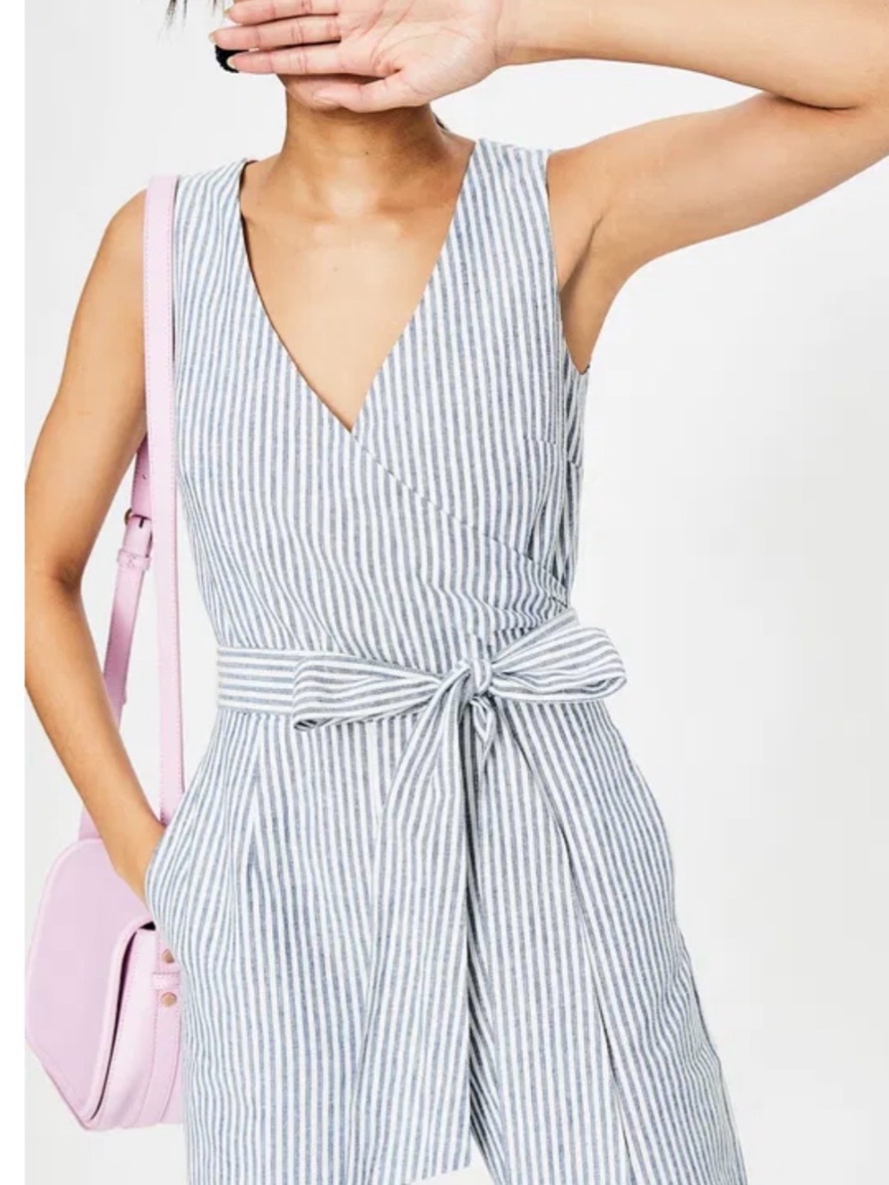 Boden Striped V-Neck Wide-Leg Jumpsuit with Tie Waist - Blue/White - Picture 4 of 9